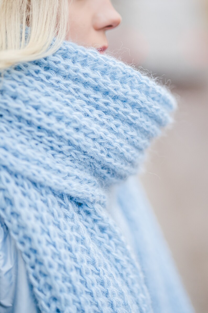 Big long soft women scarf, bright blue chunky knit shawl, big loop blanket scarf, soft long winter scarf image 8