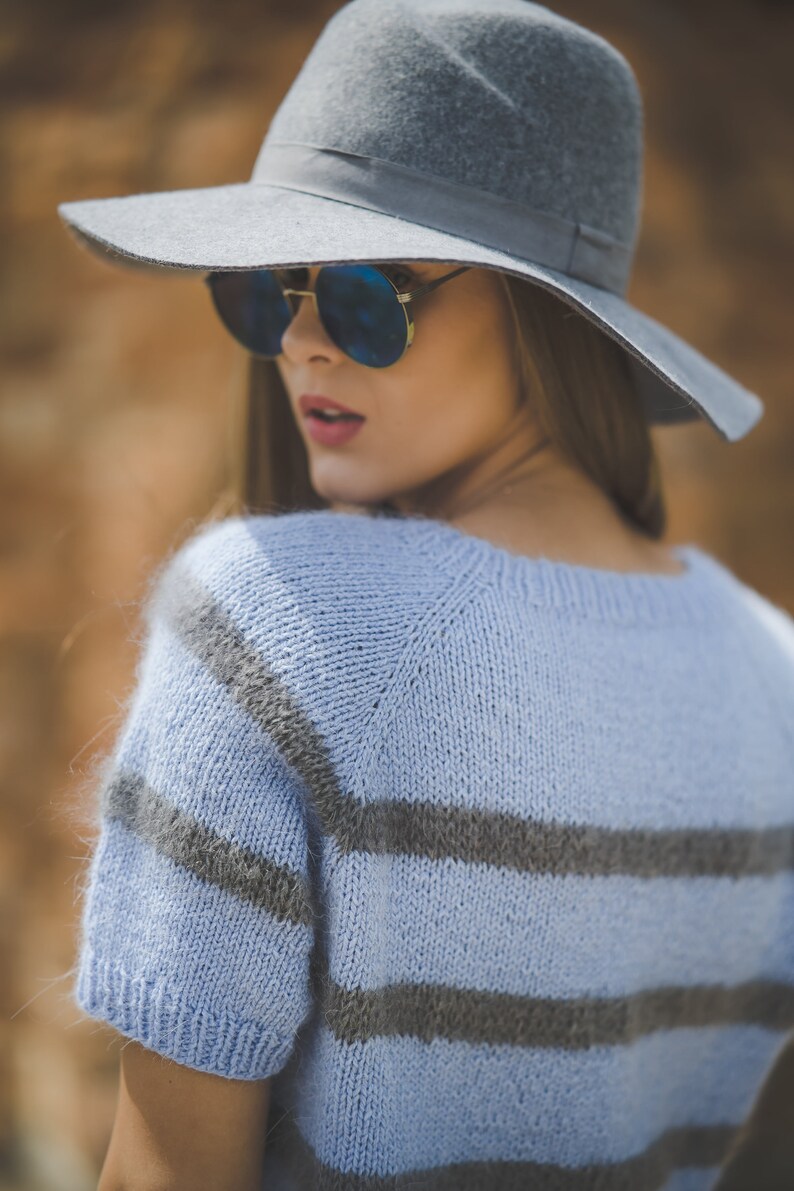 Short sleeve color block sweater for women, bright blue woman top, short sleeve hand knit blouse, elegant handknit sweater top image 2