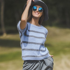 Short sleeve color block sweater for women, bright blue woman top, short sleeve hand knit blouse, elegant handknit sweater top image 3