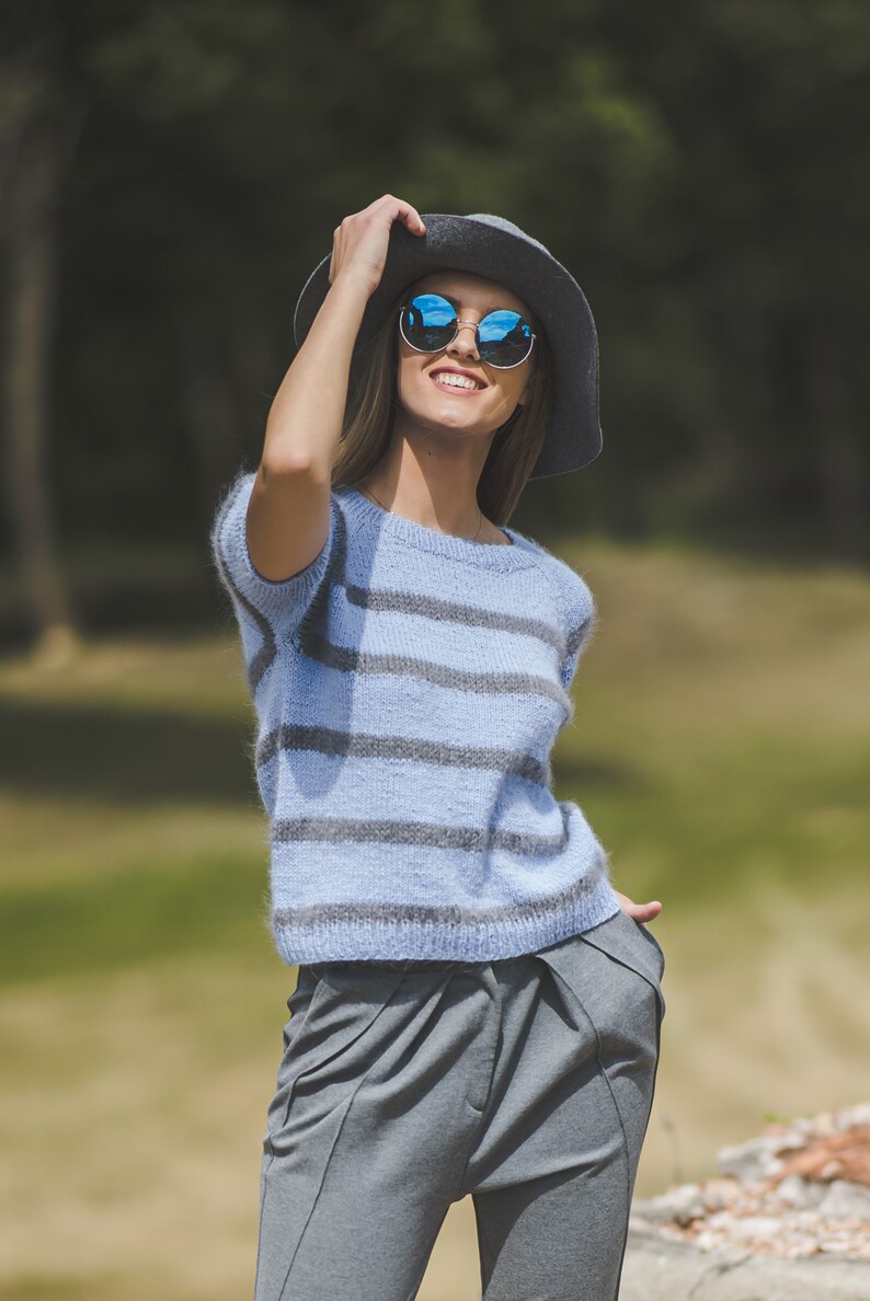 Short sleeve color block sweater for women, bright blue woman top, short sleeve hand knit blouse, elegant handknit sweater top image 3