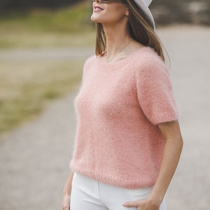 Summer peach color woman top, short sleeve hand knit blouse, elegant, chunky knit sweater top, soft knit top image 2