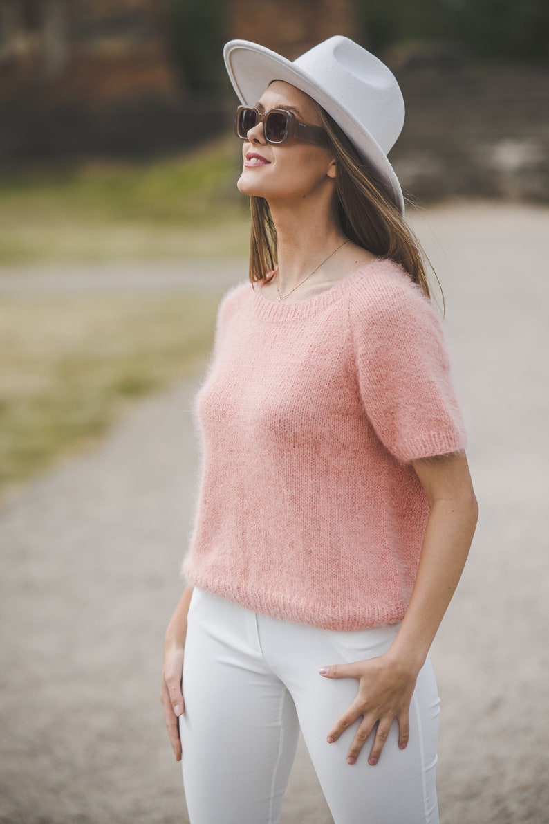 Summer peach color woman top, short sleeve hand knit blouse, elegant, chunky knit sweater top, soft knit top image 2