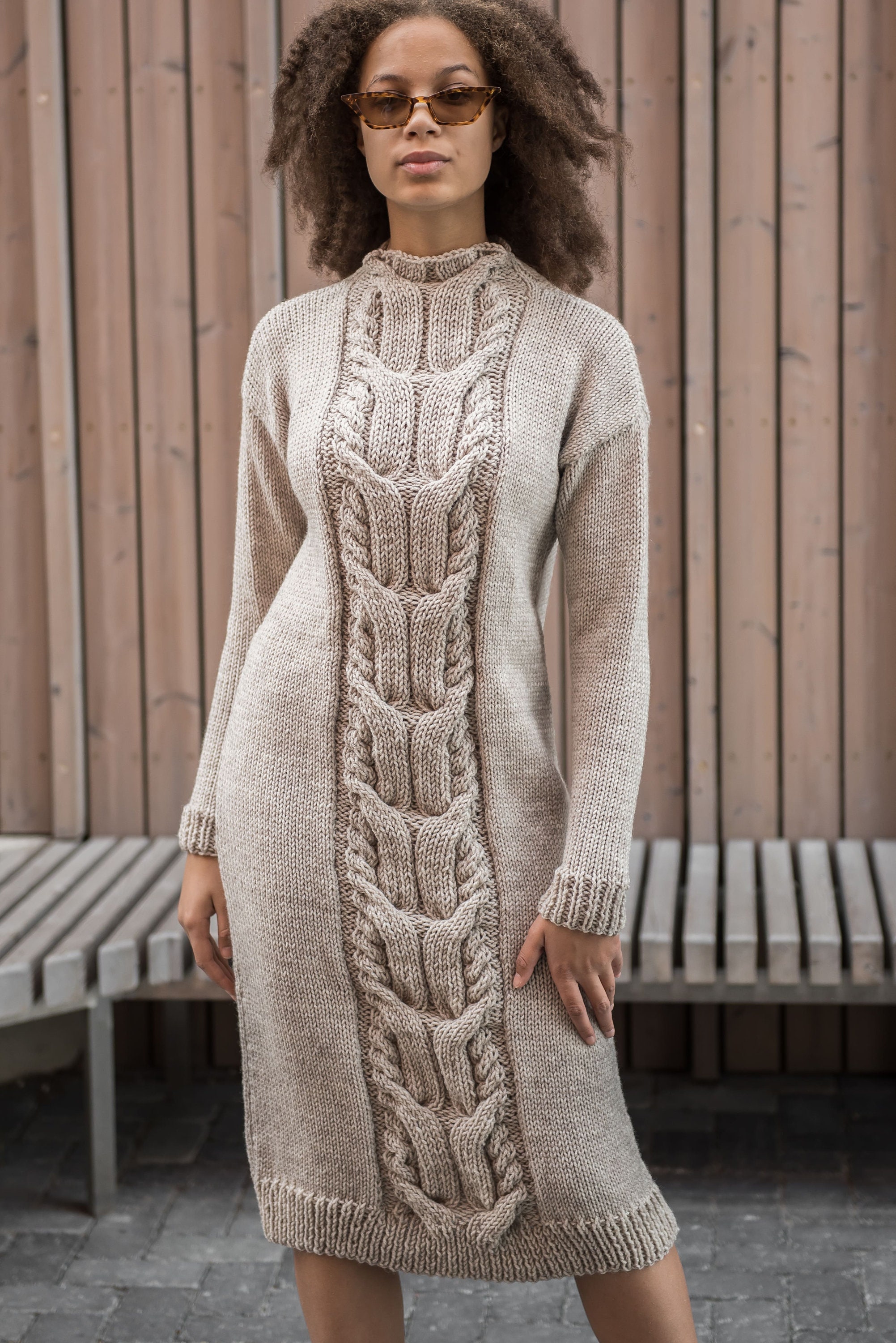 Chunky knit sweater dress for women with a big cable in front Etsy