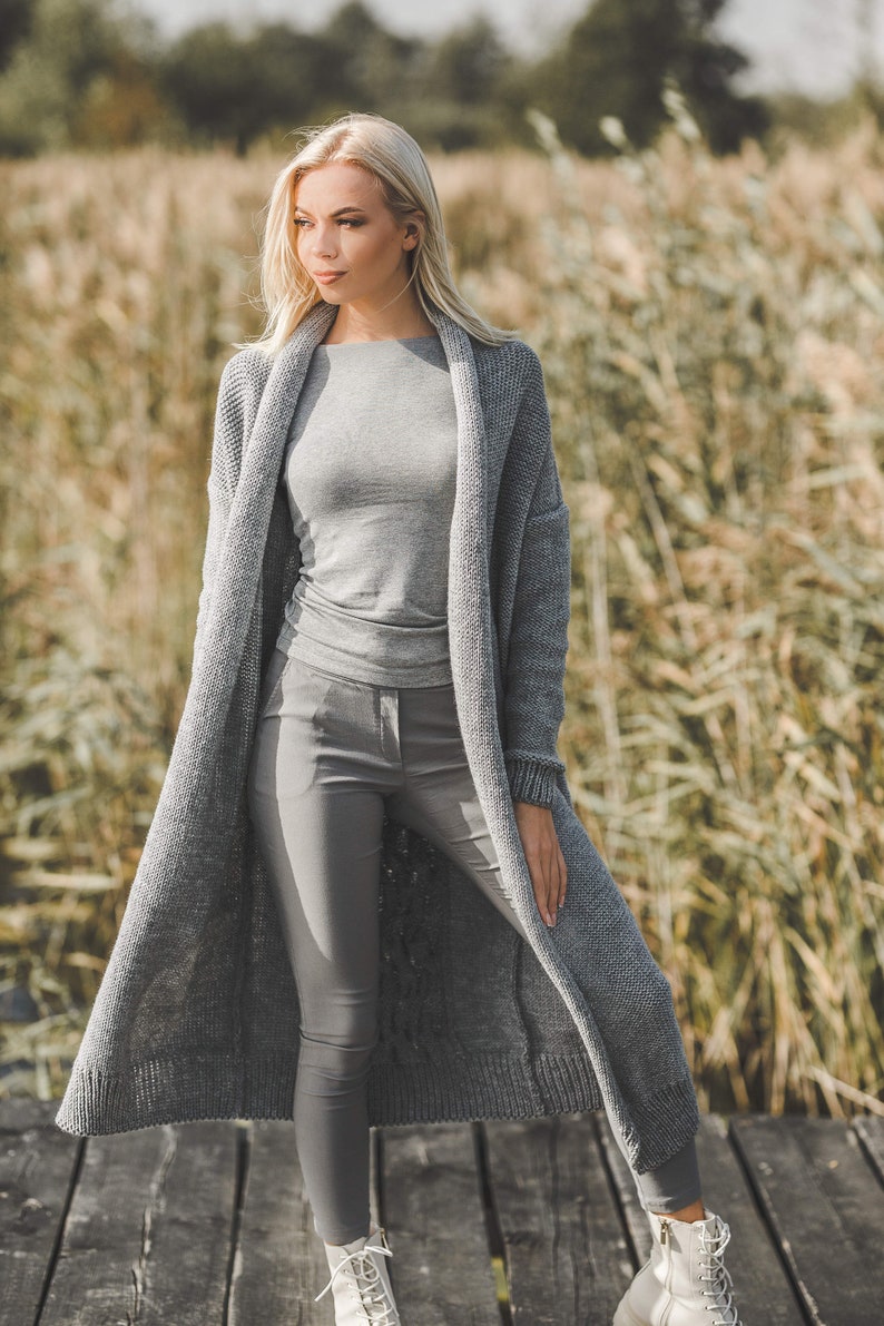 Long grey sweater coat with a cable on it's back, open front sweater coat for women, long belted cardigan, chunky knit wool cable coat, image 5