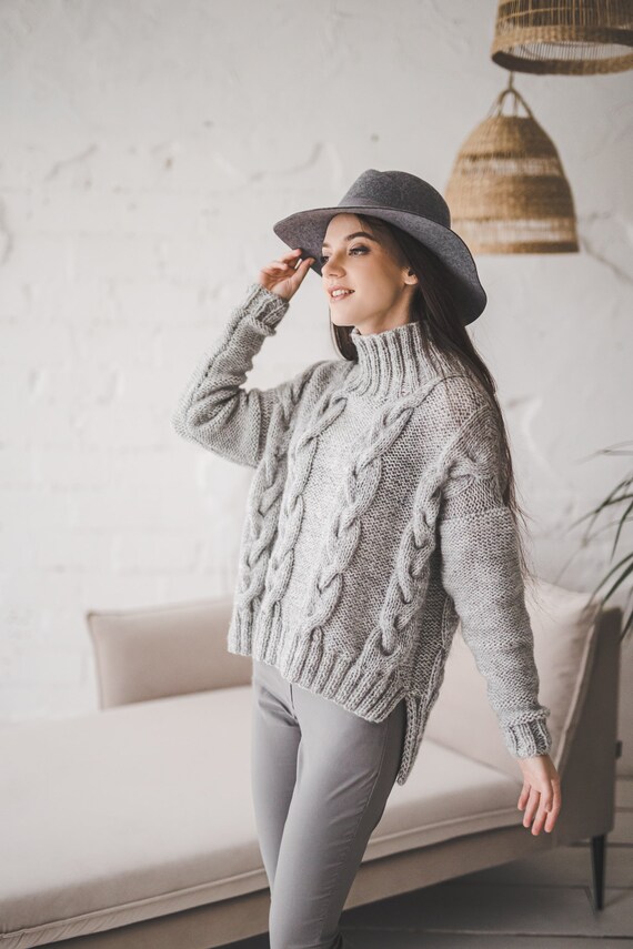 Grey chunky knit jumper womens cheap