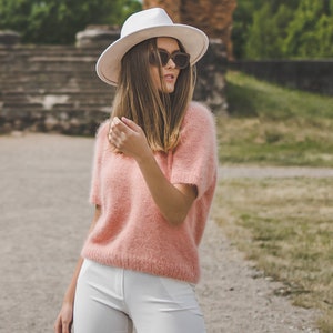 Summer peach color woman top, short sleeve hand knit blouse, elegant, chunky knit sweater top, soft knit top image 5
