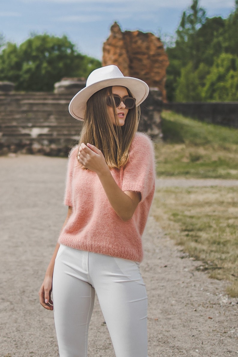 Summer peach color woman top, short sleeve hand knit blouse, elegant, chunky knit sweater top, soft knit top image 5
