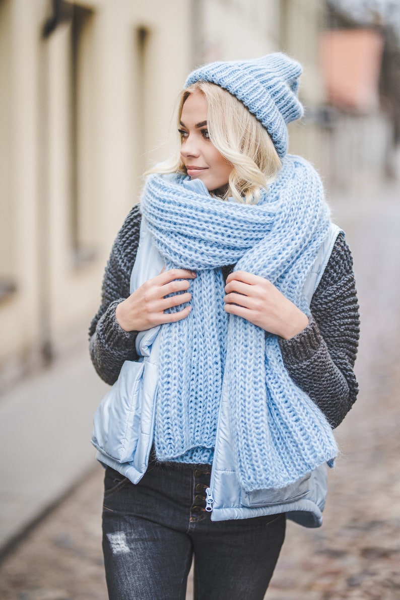 Big long soft women scarf, bright blue chunky knit shawl, big loop blanket scarf, soft long winter scarf image 9