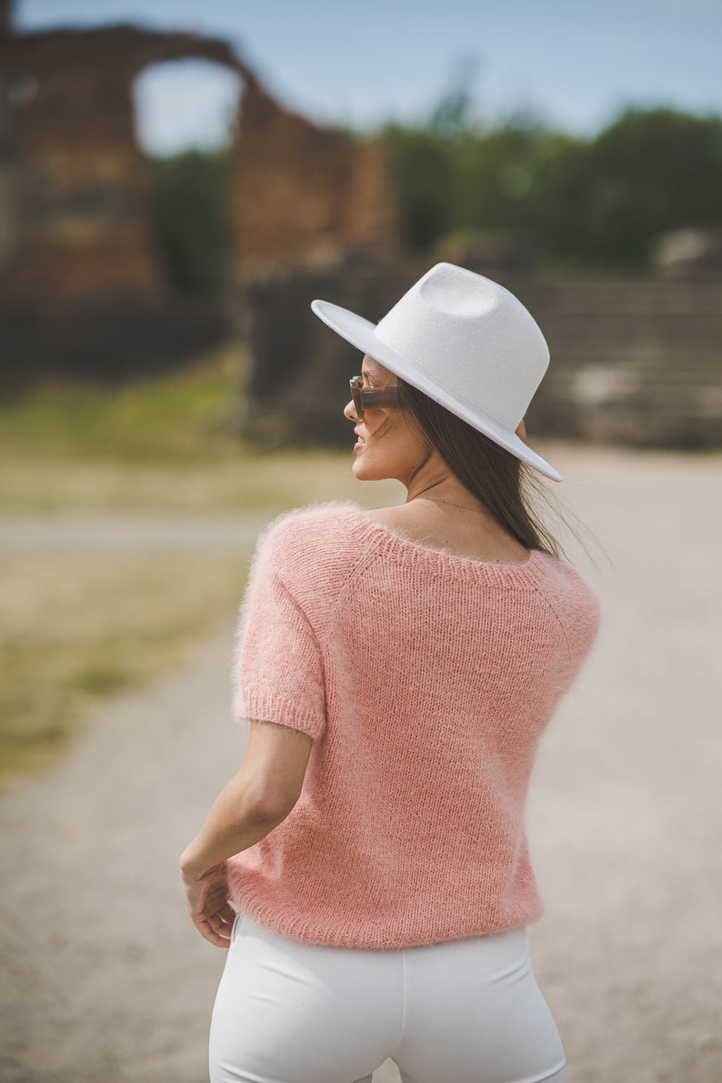 Summer peach color woman top, short sleeve hand knit blouse, elegant, chunky knit sweater top, soft knit top image 6