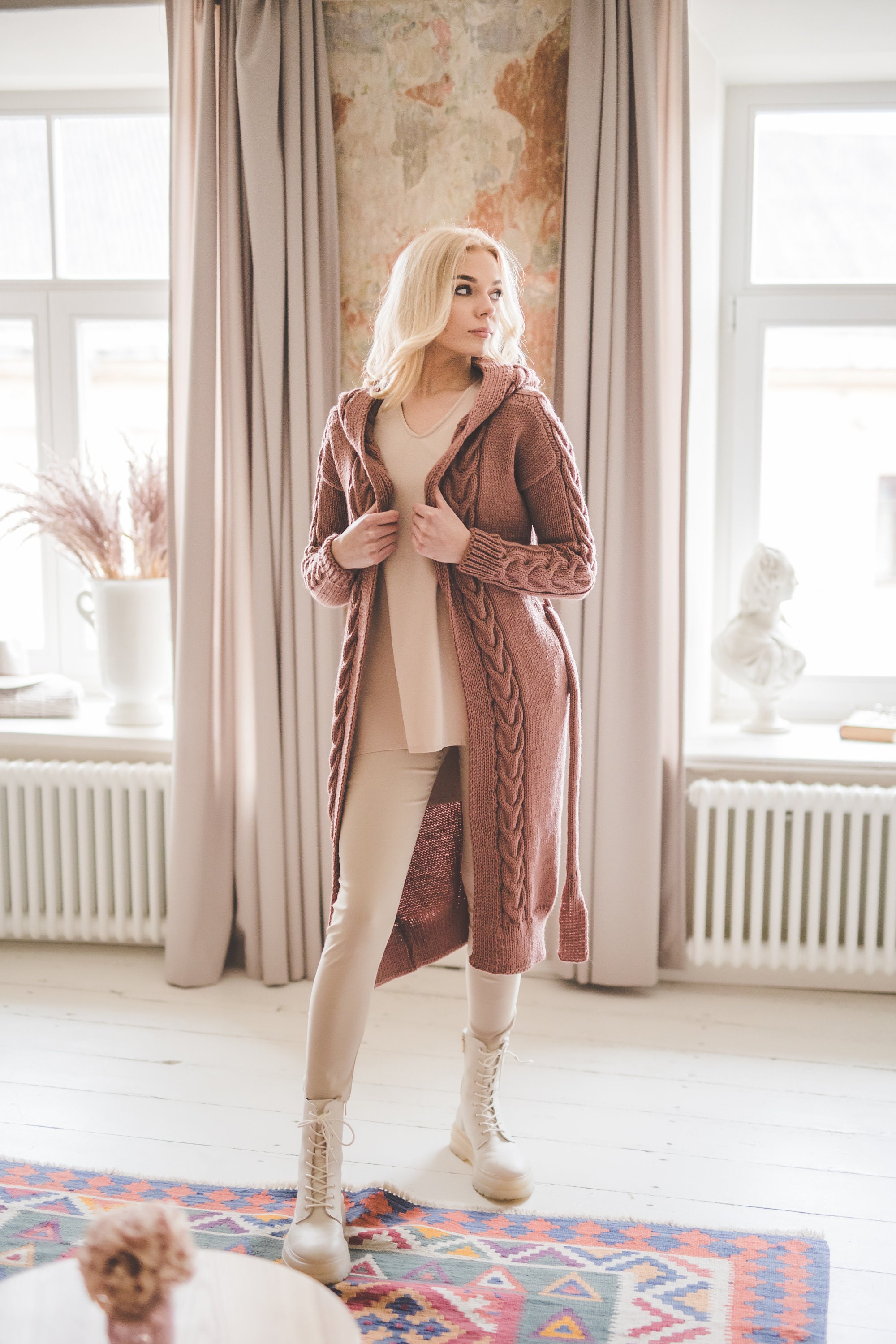Long Womam Cardigan, Summer Cable Knit Long Hooded Sweater Long Womam Cardigan, Summer Cable Knit Long Hooded Sweater