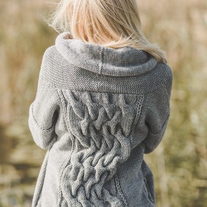 Long grey sweater coat with a cable on it's back, open front sweater coat for women, long belted cardigan, chunky knit wool cable coat, image 4