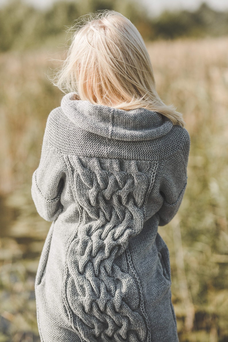 Long grey sweater coat with a cable on it's back, open front sweater coat for women, long belted cardigan, chunky knit wool cable coat, image 4