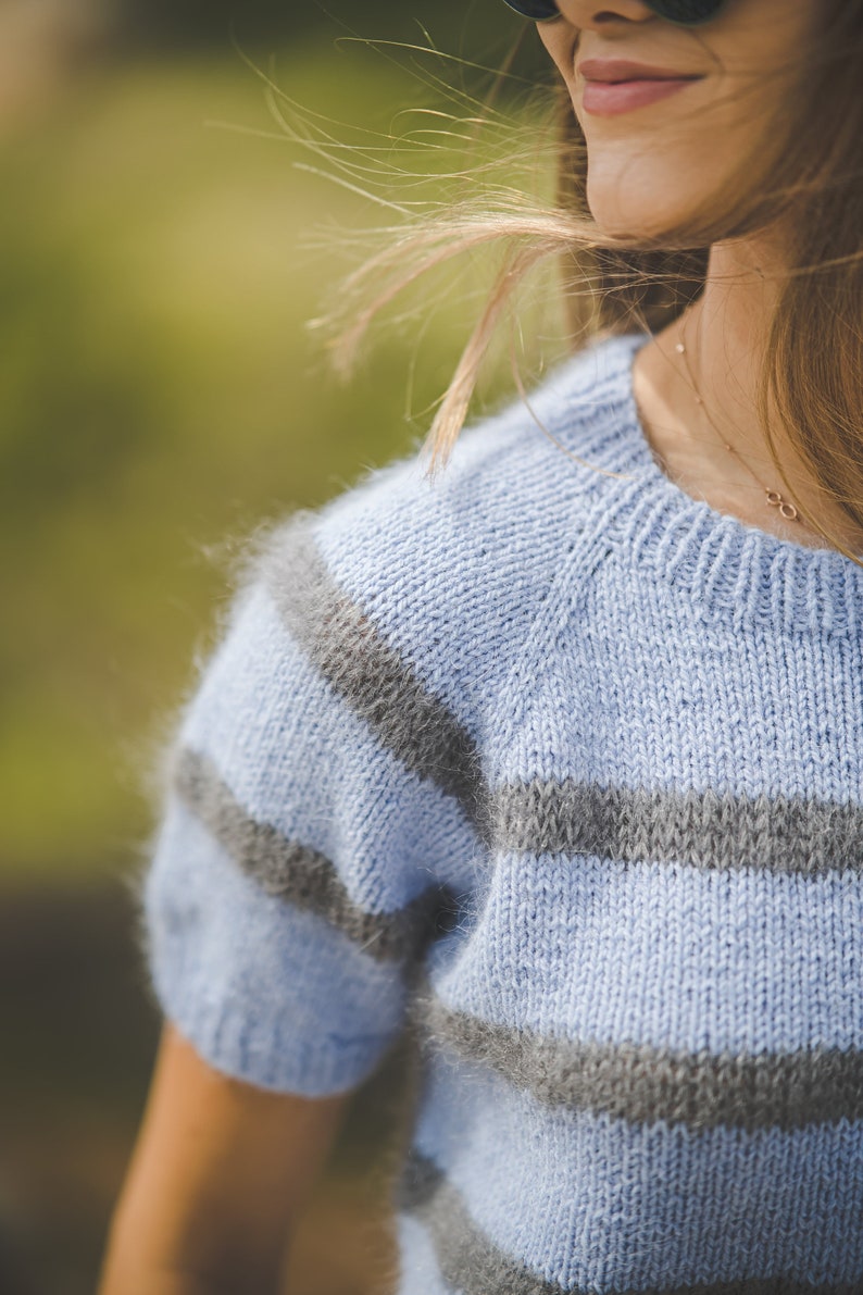 Short sleeve color block sweater for women, bright blue woman top, short sleeve hand knit blouse, elegant handknit sweater top image 8