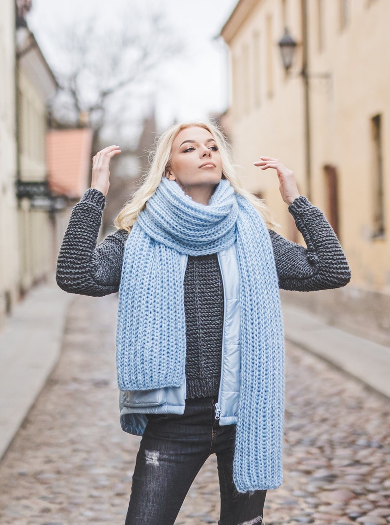Big long soft women scarf, bright blue chunky knit shawl, big loop blanket scarf, soft long winter scarf image 1