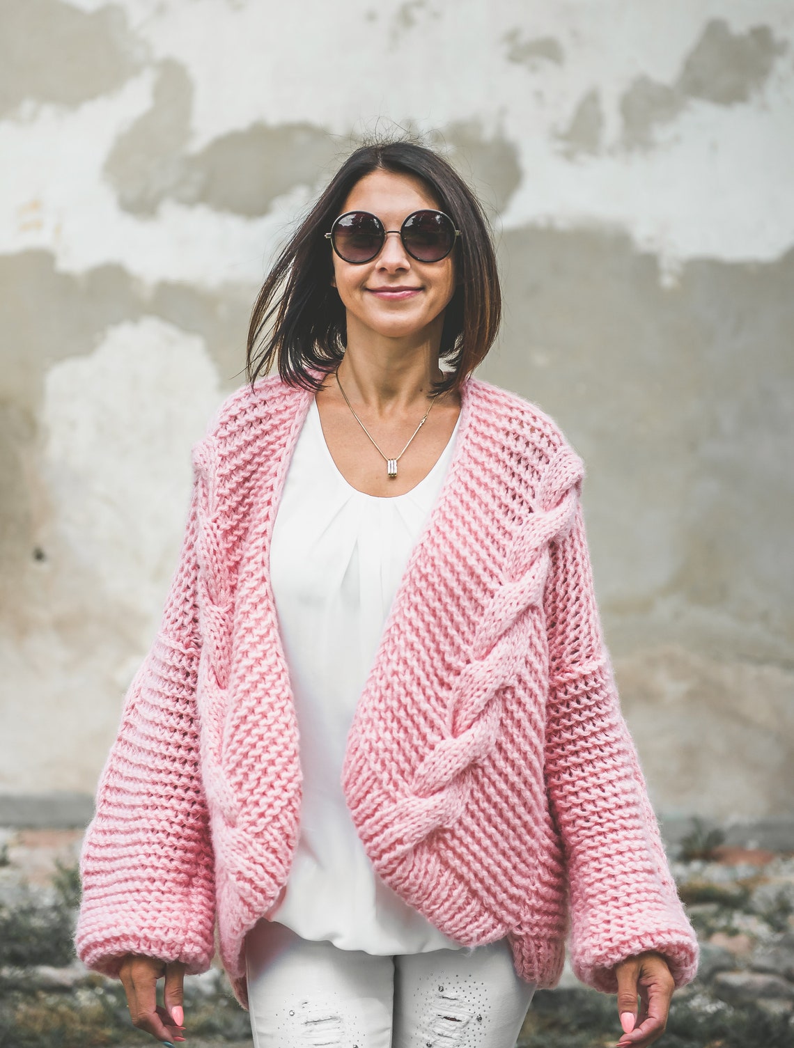 Cable Knit Pink Women Sweater Jacket Aran Open Front Loose - Etsy UK