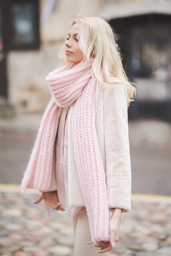 Soft Long Winter Scarf, Fluffy Powder Pink Women Shawl, Chunky