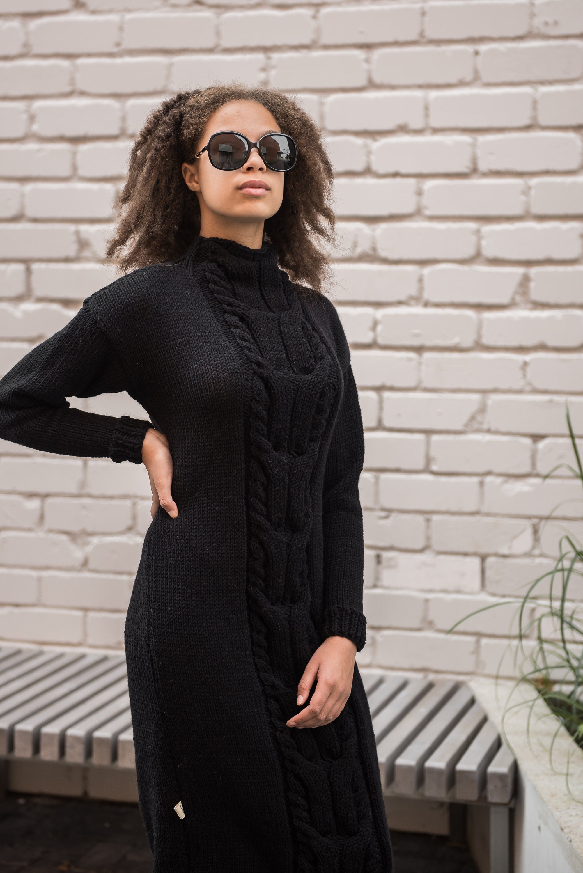 chunky knit maxi dress Hand knitted chunky merino blend long T-neck sweater dress in black/D9