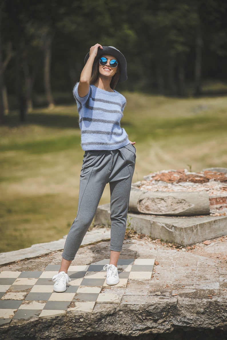 Short sleeve color block sweater for women, bright blue woman top, short sleeve hand knit blouse, elegant handknit sweater top image 1