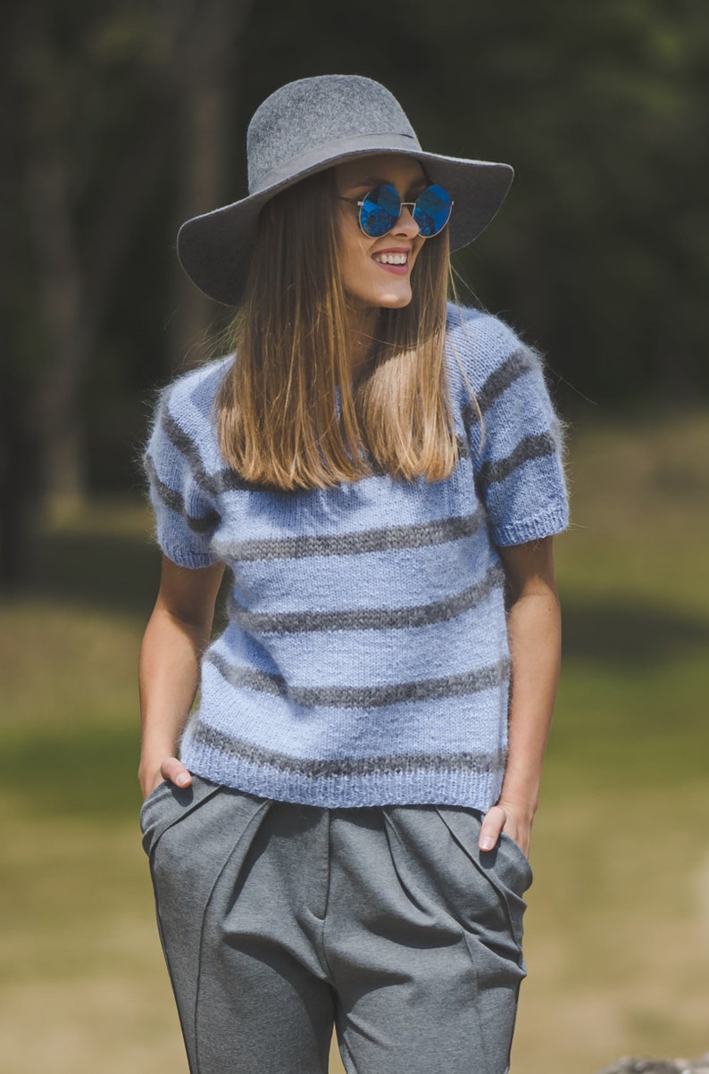 Short sleeve color block sweater for women, bright blue woman top, short sleeve hand knit blouse, elegant handknit sweater top image 4