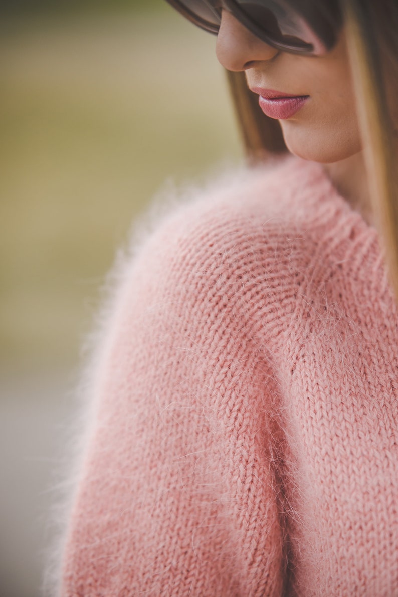 Summer peach color woman top, short sleeve hand knit blouse, elegant, chunky knit sweater top, soft knit top image 4