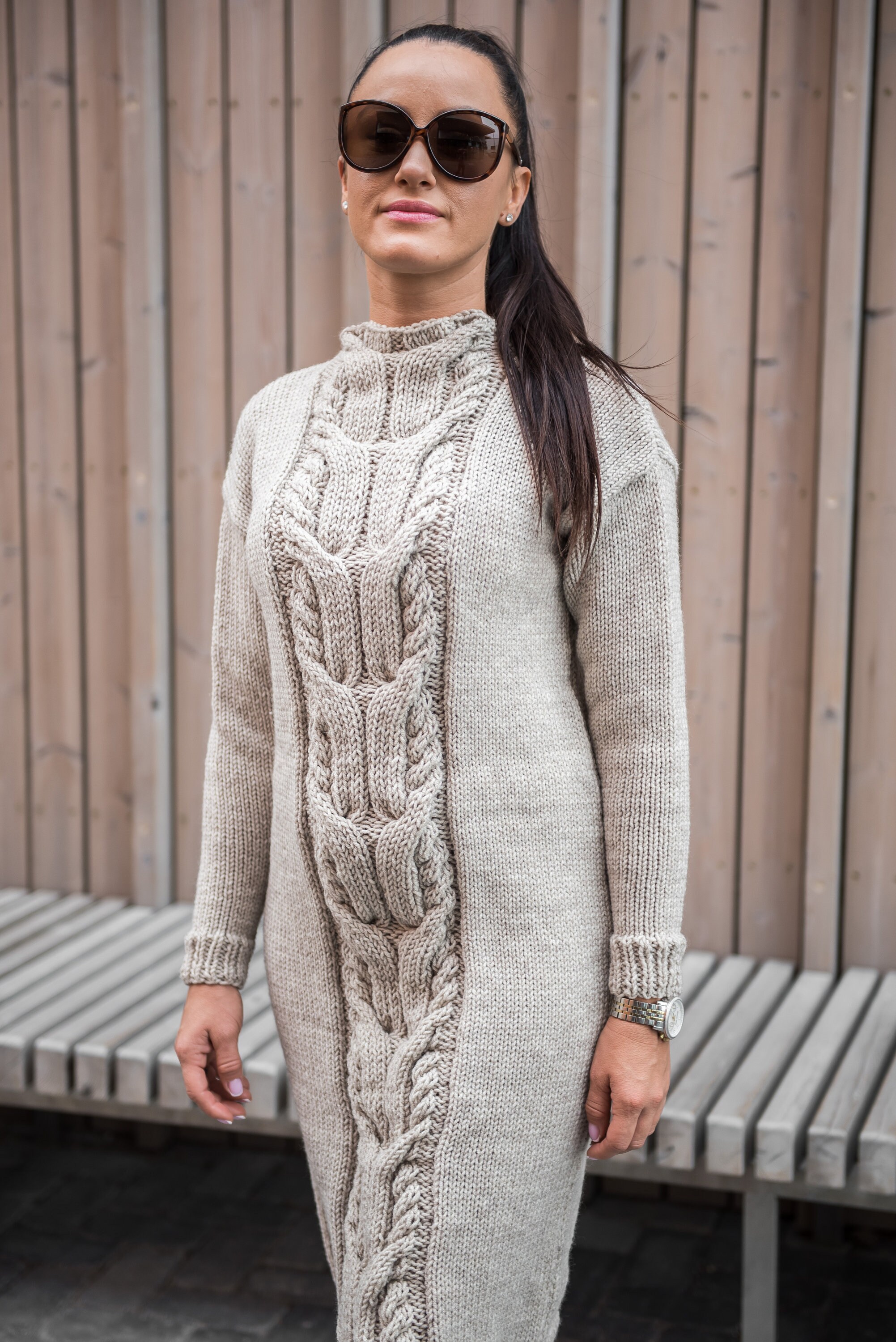 Chunky knit sweater dress for women with a big cable in front Etsy
