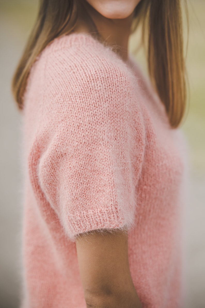 Summer peach color woman top, short sleeve hand knit blouse, elegant, chunky knit sweater top, soft knit top image 9