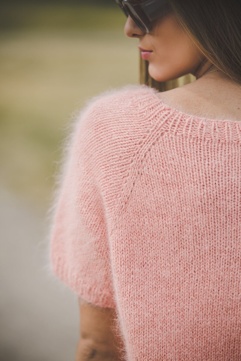 Summer peach color woman top, short sleeve hand knit blouse, elegant, chunky knit sweater top, soft knit top image 7