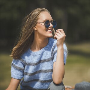 Short sleeve color block sweater for women, bright blue woman top, short sleeve hand knit blouse, elegant handknit sweater top image 7