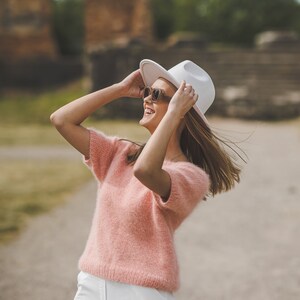 Summer peach color woman top, short sleeve hand knit blouse, elegant, chunky knit sweater top, soft knit top image 10