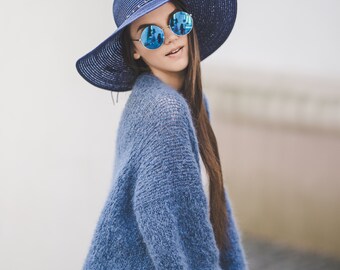 Übergroße blaue Sommerjacke, kurze Damenjacke, Bomberjacke mit Gürtel, weiche und flauschige Alpaka-Wolljacke für Frauen