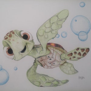 May include: A coloured pencil drawing of a smiling sea turtle with bubbles. The turtle is green with a brown and tan shell. The bubbles are light blue. The turtle has large brown eyes.