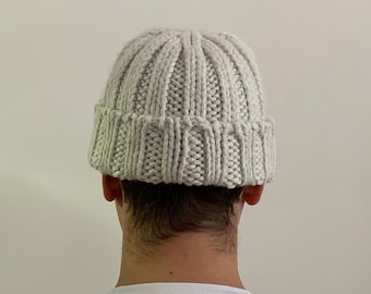 Handmade Mega Chunky Beanie Hat in Sustainable Wool Mix (Grey / White)