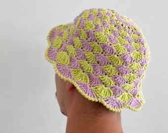 Handmade Recycled Crochet Cotton Bucket Hat - Flower / Festival / Macrame Style - Denim Blue /  Lime Green and Pink / Pink and Red