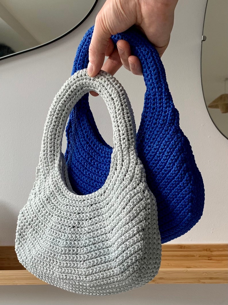 Small Crochet Bag / Purse Orbit Handmade Recycled Material Zip Closure Blue / Grey image 4