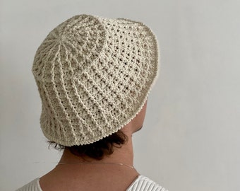 Sombrero de cubo de algodón reciclado Waffle - Hecho a mano - Estilo crochet / macramé - Blanco/Tan/Oliva/Negro/Gris