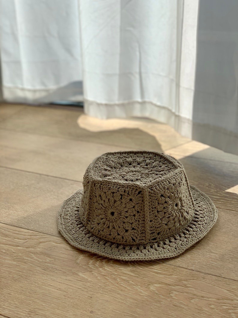 Handmade Recycled Cotton Bucket Hat Crochet / Macrame Style White / Sand / Black / Brown / Green / Mustard / Grey image 6