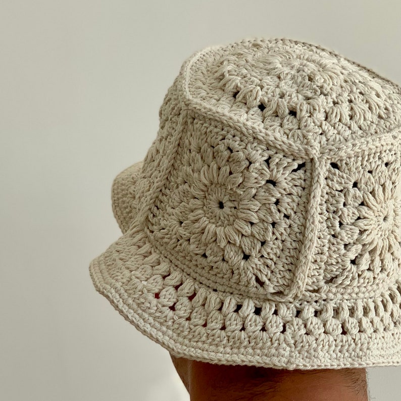 Handmade Recycled Cotton Bucket Hat Crochet / Macrame Style White / Sand / Black / Brown / Green / Mustard / Grey image 4
