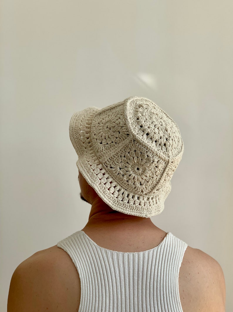 Handmade Recycled Cotton Bucket Hat Crochet / Macrame Style White / Sand / Black / Brown / Green / Mustard / Grey image 3