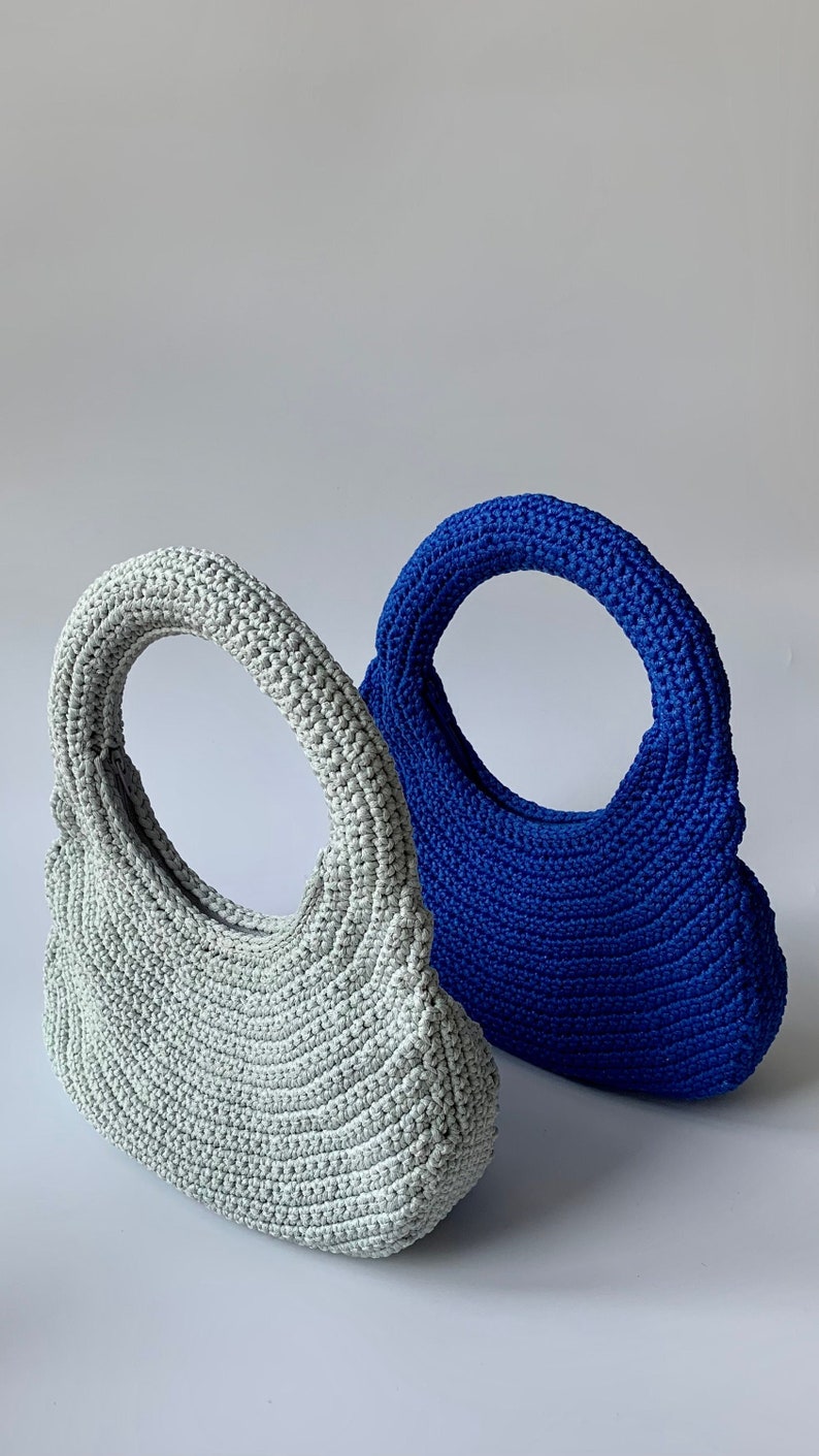 Small Crochet Bag / Purse Orbit Handmade Recycled Material Zip Closure Blue / Grey image 2