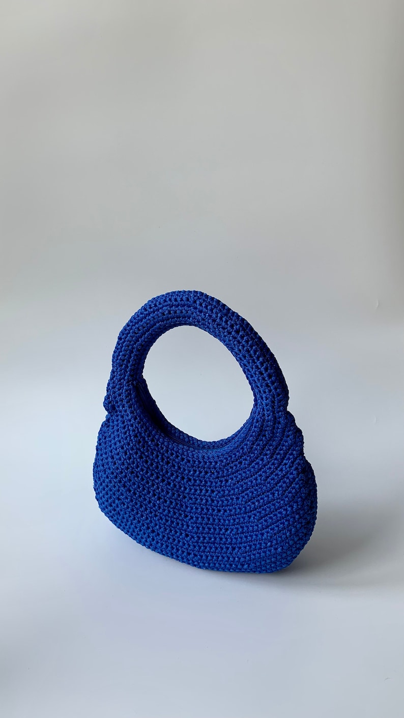 Small Crochet Bag / Purse Orbit Handmade Recycled Material Zip Closure Blue / Grey image 5
