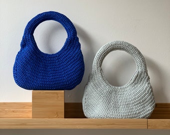 Small Crochet Bag / Purse "Orbit" - Handmade - Recycled Material - Zip Closure - Blue / Grey