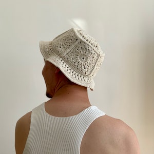 Handmade Recycled Cotton Bucket Hat Crochet / Macrame Style White / Sand / Black / Brown / Green / Mustard / Grey image 1