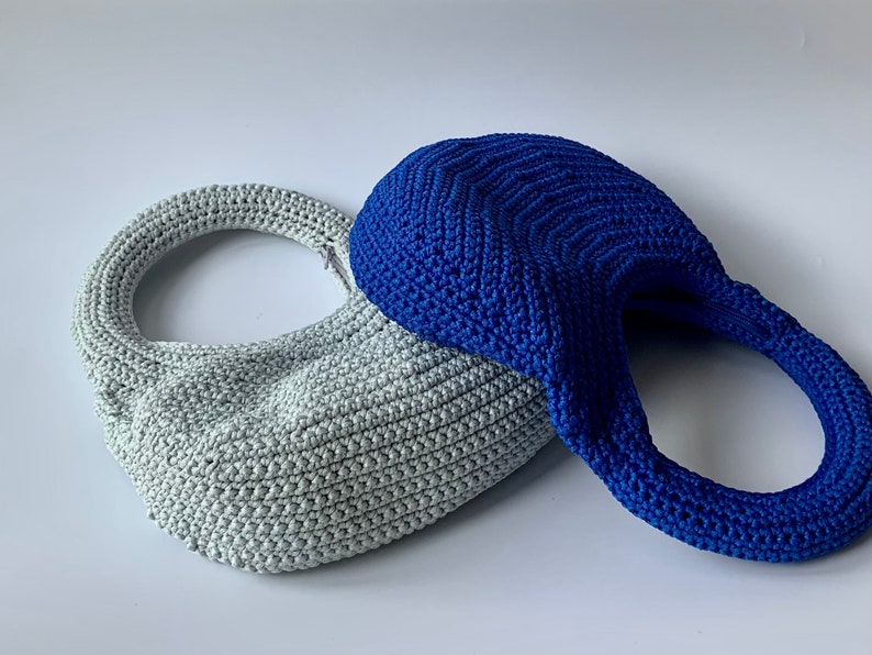 Small Crochet Bag / Purse Orbit Handmade Recycled Material Zip Closure Blue / Grey image 6