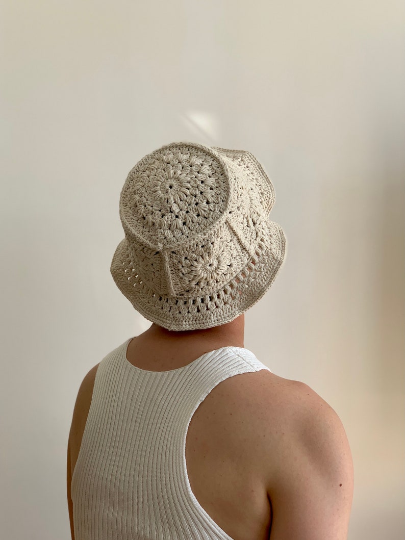 Handmade Recycled Cotton Bucket Hat Crochet / Macrame Style White / Sand / Black / Brown / Green / Mustard / Grey image 2