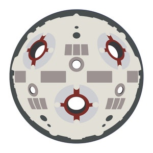 May include: A round, white, and gray object with a dark gray border. The object has three circular openings with red accents and a central circular opening with a red cross.