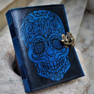 Sale 60% off, Leather Journal, Leather Diary with lock , Leather Sketchbook, Notebook ,Daily planner,Skull Embossed