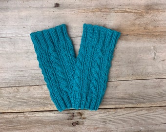 Leg warmers, arm warmers hand-knitted from pure wool with a cable pattern. teal blue Wrist warmers, fingerless gloves, hand warmers.