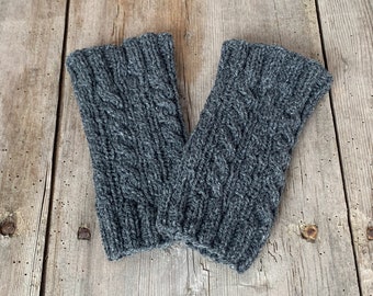 Leg warmers, arm warmers knitted from pure wool with cable pattern. Wrist warmers, fingerless gloves, hand warmers. dark grey.