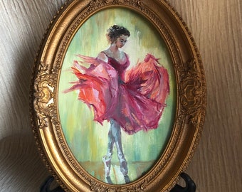Handgemaakte ballerina-olieverfschilderij: rode jurk, vintage gouden ovale lijst
