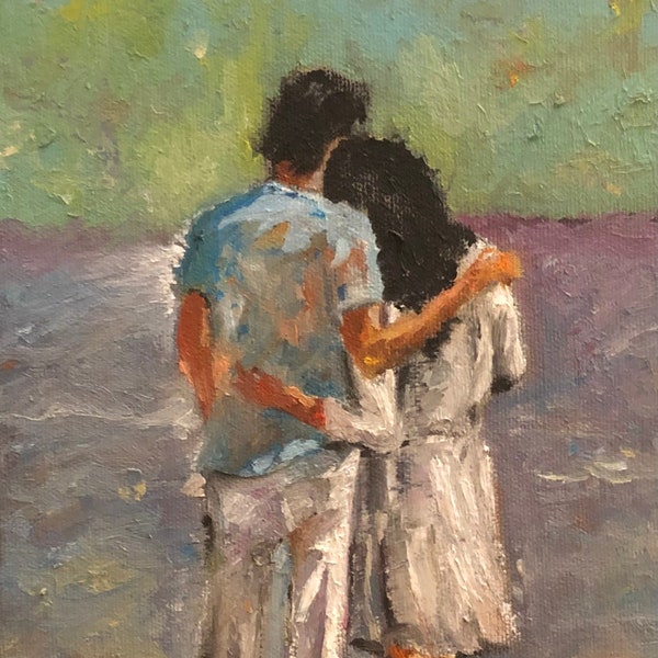 Couple aimant sur la plage. Peinture à l’huile originale faite à la main sur toile tendue. Peinture romantique. Je viens de me marier. Jeunes mariés. 9,5 x 4,7''